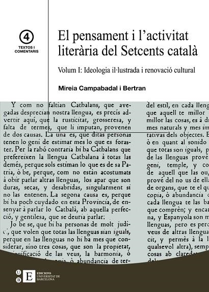 El pensament i l'activitat literÃ ria del Setcens catalÃ   Vol.I: Ideologia il.lustrada i renovaciÃ³ cultural | 9788483384244 | Campabadal Bertran, Mireia | Llibres.cat | Llibreria online en català | La Impossible Llibreters Barcelona